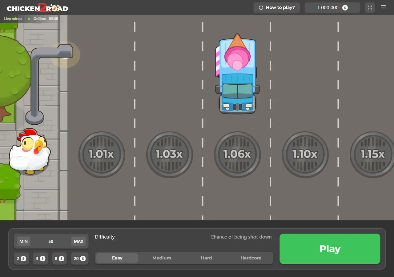 Archive from 15 August 2026: the actual Chicken Road 2 initial screen with Easy, Medium, Hard and Hardcore options and the Play button